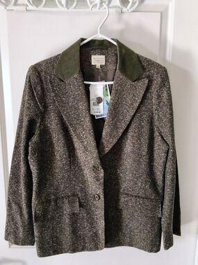 Haggar Olive Tweed Blazer with Suede Collar